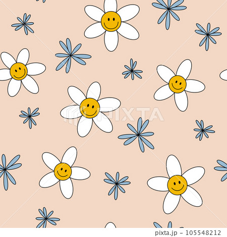 Seamless Y2k pattern with daisies and a smile on a beige background. Fashionable retro trippy style of the 2000s. Funny cute texture for surface decoration. Vector. Seamless Y2k pattern with daisies and a smile on a beige background. Fashionable retro trippy style of the 2000s. Funny cute texture for surface decoration. Vector. 105548212