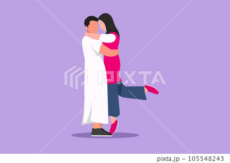 Cartoon flat style drawing romantic Arab couple in love kissing and hugging. Happy man carrying pretty woman celebrating wedding anniversary. Couple hug each other. Graphic design vector illustration 105548243