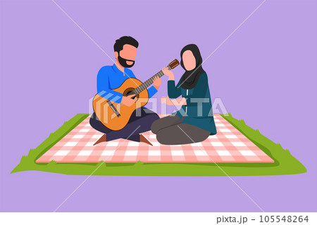 Graphic flat design drawing romantic Arab couple of lovers has picnic on nature park. Man playing music on guitar, pretty girl listening and singing a song together. Cartoon style vector illustration 105548264