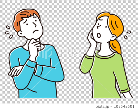 A young man and a young woman looking up with their hands on their chins and worrying about something 105548501