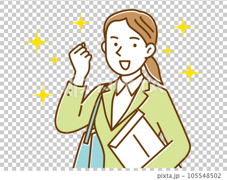 A woman in a suit holding an envelope and a bag and doing a guts pose 105548502