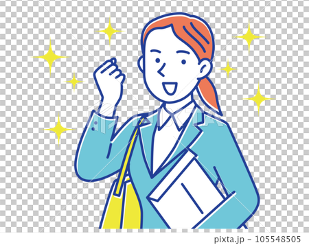 A woman in a suit holding an envelope and a bag and doing a guts pose 105548505