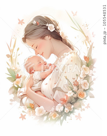 新生児を抱っこしている女性の水彩画　AI生成画像 105548531
