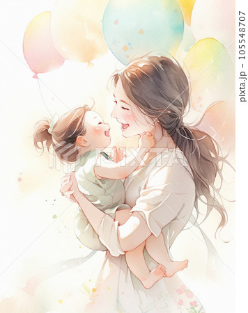 赤ちゃんを抱っこする女性の水彩画　AI生成画像 105548707