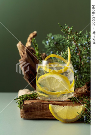 Cocktail gin-tonic with ice, lemon, and rosemary in a frozen glass. 105549094