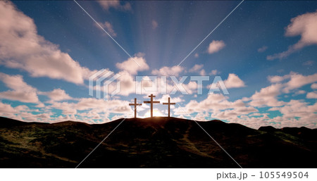 Three crosses on the hill with clouds moving on blue starry sky Three crosses on the hill with clouds moving on blue starry sky 105549504