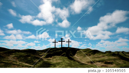 Three crosses on the hill with clouds moving on blue starry sky 105549505
