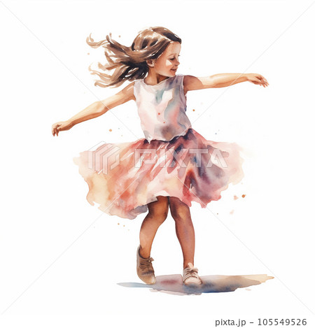 Cute dancing girl illustration. Little Girl watercolor style clipart isolated on white background. 105549526