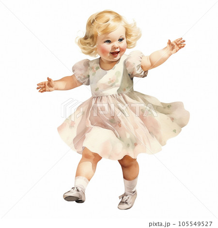 Cute smiling little girl in a beautiful dress on a white background. Hand-painted lovely baby. Nice illustration for t-shirts, posters, birthday. Ideal for printing and card making. 105549527