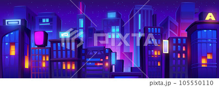 Night city building with neon light background 105550110