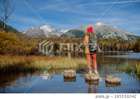 Rear view of woman standing on wooden steps on the shore of the lake in mountains. Rear view of woman standing on wooden steps on the shore of the lake in mountains. 105550242