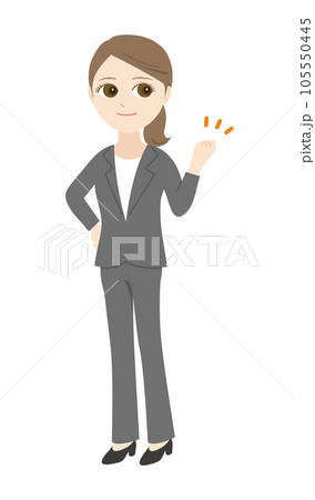 ガッツポーズをするパンツスーツの女性・全身 105550445