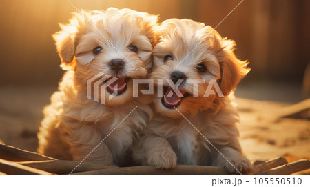 A cute furry two puppy showing a happy smiley expression 105550510