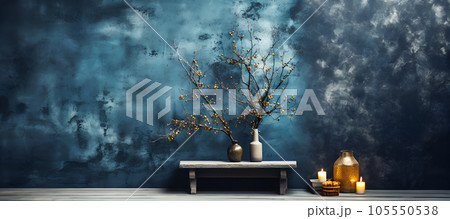 Still life shot for beautiful flowers in vintage jar on wooden floor decorative with blue stucco rustic pastel wall background. 105550538