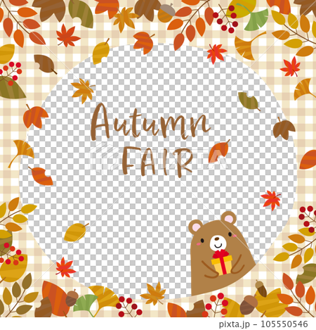 秋葉、堅果和熊的方形框架/方格布格子米色 105550546