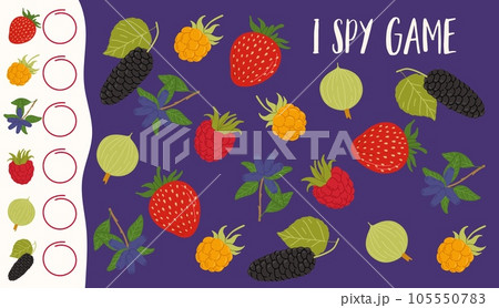I spy game worksheet with forest and garden ripe berries. Kids vector math riddle, how many strawberry, cloudberry, honeyberry, raspberry, gooseberry and mulberry. Children test, educational task 105550783
