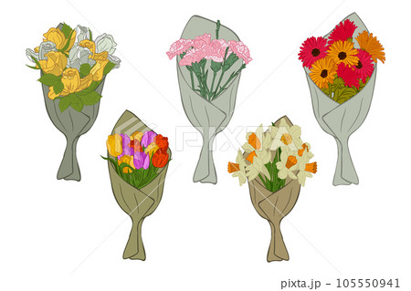 Bunches of flat hand drawn flowers in craft paper Bunches of flat hand drawn flowers in craft paper 105550941