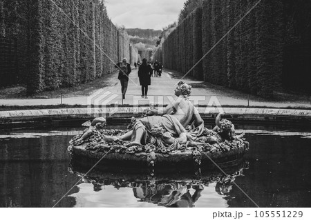 Flora Fountain at the crossroads of several groves in the Gardens of Versailles, Chateau Versailles near Paris, France. Black and white image. . Black and white image. 105551229