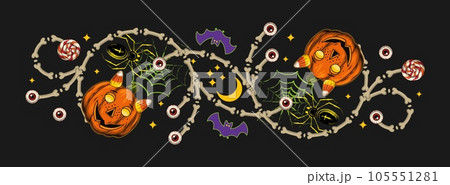 Halloween banner, border with bones, pumpkin head like happy little boy, creepy red eyeballs, bat, crescent, stars, spiders. Horizontal poster, header for website, social media 105551281