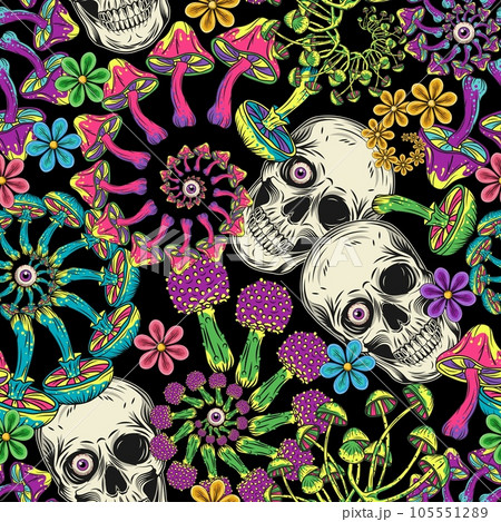Pattern with human skull, colorful mushrooms, chamomiles, purple eyeballs. Fractal, spiral ornament. Concept of madness and craziness. Surreal illustration for groovy, mystical, psychedelic design Pattern with human skull, colorful mushrooms, chamomiles, purple eyeballs. Fractal, spiral ornament. Concept of madness and craziness. Surreal illustration for groovy, mystical, psychedelic design 105551289