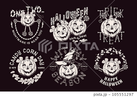 Set of halloween labels with sweets, candy corn, bones, witch hat, text, pumpkins like human characters such as happy kids and funny witch. Monochrome emblems in vintage style on black background 105551297