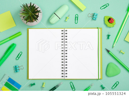 Open notebook with green pen, pencil and marker on pastel green background Open notebook with green pen, pencil and marker on pastel green background 105551324