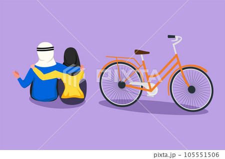 Character flat drawing back view romantic teenage couple sitting at outdoors city park with bicycle next to them. Arab man and woman in love. Happy married couple. Cartoon design vector illustration 105551506