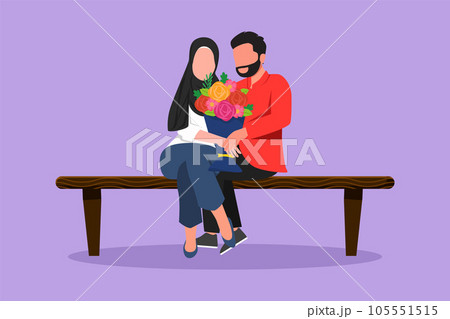 Cartoon flat style drawing man gives flowers to woman and hug her on bench. Guy giving to female bouquet of flowers for propose. Happy romantic Arab couple in love. Graphic design vector illustration 105551515