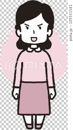 Full body illustration of a woman with a fearless smile facing the front with flames rising behind her 105551581