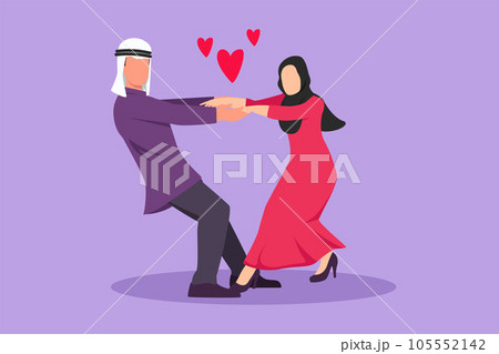 Graphic flat design drawing happy young man and beauty woman dancing on the floor at park. Romantic Arabian couple holding hands and spinning around at wedding party. Cartoon style vector illustration 105552142
