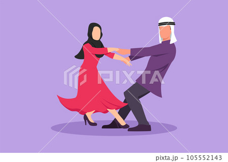 Character flat drawing happy handsome guy and pretty girl dancing on the floor at home. Romantic Arab couple holding hand and dance spinning around at wedding party. Cartoon design vector illustration Character flat drawing happy handsome guy and pretty girl dancing on the floor at home. Romantic Arab couple holding hand and dance spinning around at wedding party. Cartoon design vector illustration 105552143