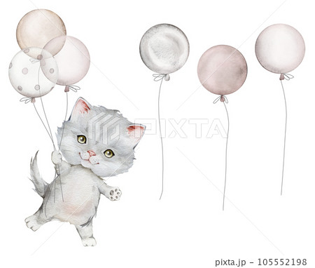 Set with little fluffy gray kitten and balloon. Watercolor hand drawn. Scottish fold isolated on white background. Spotted cat. Pet cartoon for kids, posters, stickers, textile. 105552198