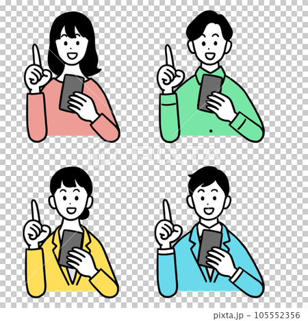 スマホを手に持って人差し指を立てる人々 105552356