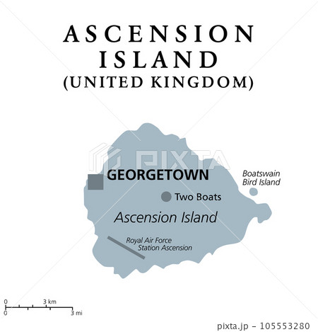 Ascension Island, gray political map. Tropical island and British Overseas Territory in the South Atlantic Ocean, with capital Georgetown. Isolated, illustration on white background. Vector. 105553280
