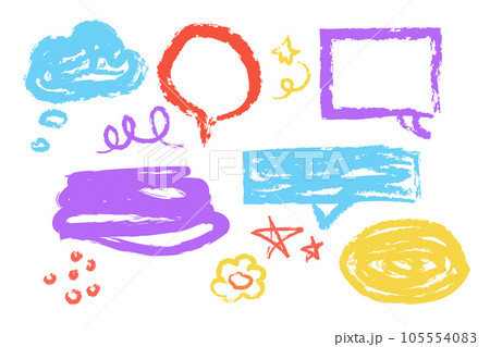 Set wax crayon, chalk doodle elements speech bubbles, lines, stars, marks hand drawn isolated on white background. Textured brush stroke, 105554083