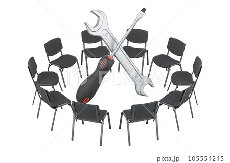 Chairs in a circle with screwdriver and wrench, 3D rendering Chairs in a circle with screwdriver and wrench, 3D rendering 105554245