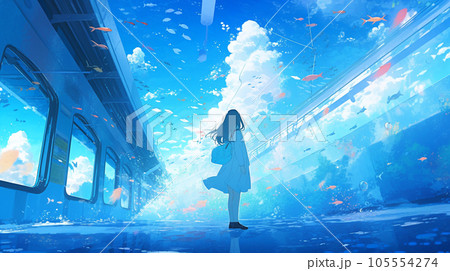 【AI生成画像】電車の駅を思わせる場所に佇む女性と魚の舞う幻想的なイラスト 105554274