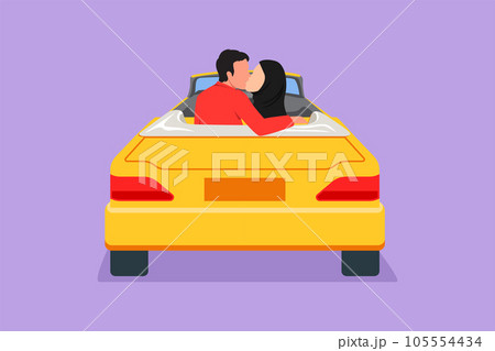 Character flat drawing back view of two romantic lovers sitting in vintage car. Happy Arab man and woman hugging and kissing each other and celebrating anniversary. Cartoon design vector illustration 105554434