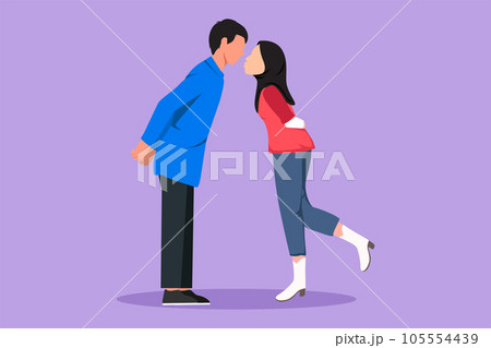 Cartoon flat style drawing young boy and pretty girl in love. Romantic Arabian couple lovers kissing each other. Happy man and woman celebrating wedding anniversary. Graphic design vector illustration 105554439