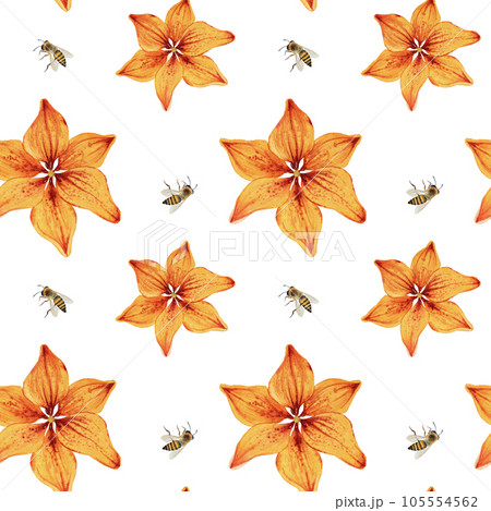 Seamless pattern with lilies and bees. Watercolor hand drawn illustration 105554562