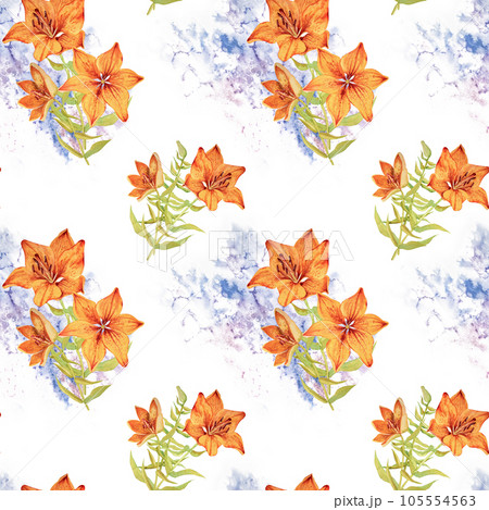 Seamless pattern with lilies. Watercolor hand drawn illustration 105554563