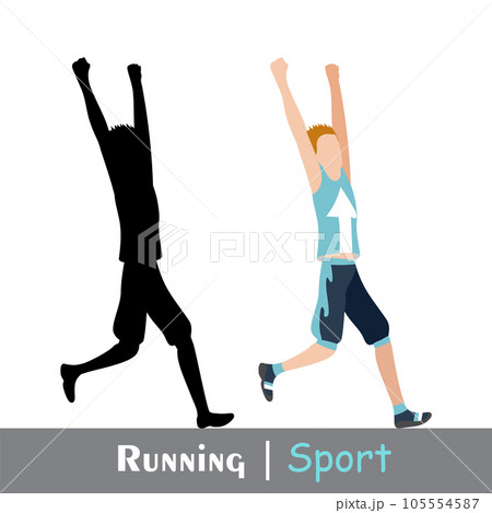 Running man and his silhouette. Active people, fitness, sports movement. Side view. Vector in flat design 105554587