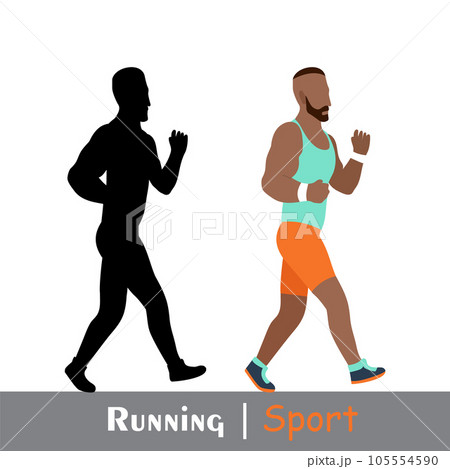 Running man and his silhouette. Active people, fitness, sports movement. Side view. Vector in flat design 105554590