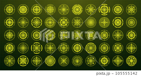 Crosshair, gun sight vector icons. Bullseye, black target or aim symbol. Military rifle scope, shooting mark sign. Targeting, aiming for a shot. Archery, hunting and sports shooting. Game UI element. Crosshair, gun sight vector icons. Bullseye, black target or aim symbol. Military rifle scope, shooting mark sign. Targeting, aiming for a shot. Archery, hunting and sports shooting. Game UI element. 105555142
