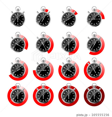 Realistic classic stopwatch. Shiny metal chronometer, black time counter with dial. Red countdown timer showing minutes and seconds. Time measurement for sport, start and finish. Vector illustration Realistic classic stopwatch. Shiny metal chronometer, black time counter with dial. Red countdown timer showing minutes and seconds. Time measurement for sport, start and finish. Vector illustration 105555156
