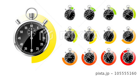 Realistic classic stopwatch. Shiny metal chronometer, black time counter with dial. Colorful countdown timer showing minutes, seconds. Time measurement for sport, start or finish. Vector illustration Realistic classic stopwatch. Shiny metal chronometer, black time counter with dial. Colorful countdown timer showing minutes, seconds. Time measurement for sport, start or finish. Vector illustration 105555160