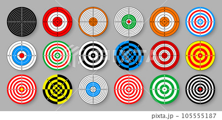 Shooting range paper targets. Round target with divisions, marks and numbers. Archery, gun shooting practise and training, sport competition and hunting. Bullseye and aim. Vector illustration 105555187