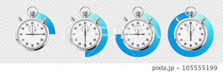Realistic classic stopwatch. Shiny metal chronometer, time counter with dial. Blue countdown timer showing minutes and seconds. Time measurement for sport, start and finish. Vector illustration 105555199