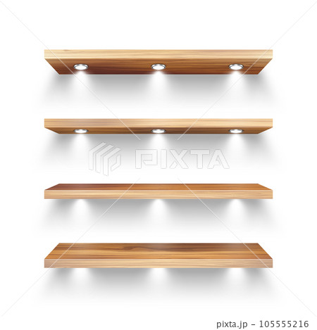 Realistic wooden store shelves with lighting, spotlights. Empty product shelf, grocery wall rack. Mall and supermarket furniture, bookshelf. Modern interior design element. Vector illustration 105555216