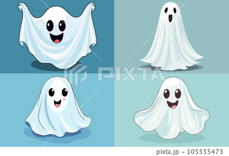 Flat Vecttor of a classic white sheet ghost, Halloween elements Sheet Ghost, Spooky Ghost in white sheet and witch hat vector illustration set Flat Vecttor of a classic white sheet ghost, Halloween elements Sheet Ghost, Spooky Ghost in white sheet and witch hat vector illustration set 105555473